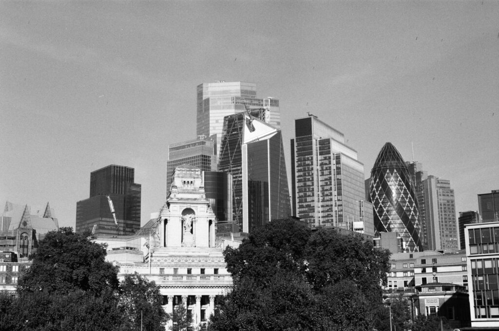 A black-and-white photo of Londons skyline, featuring modern skyscrapers like The Gherkin and older historic buildings partially obscured by trees in the foreground.